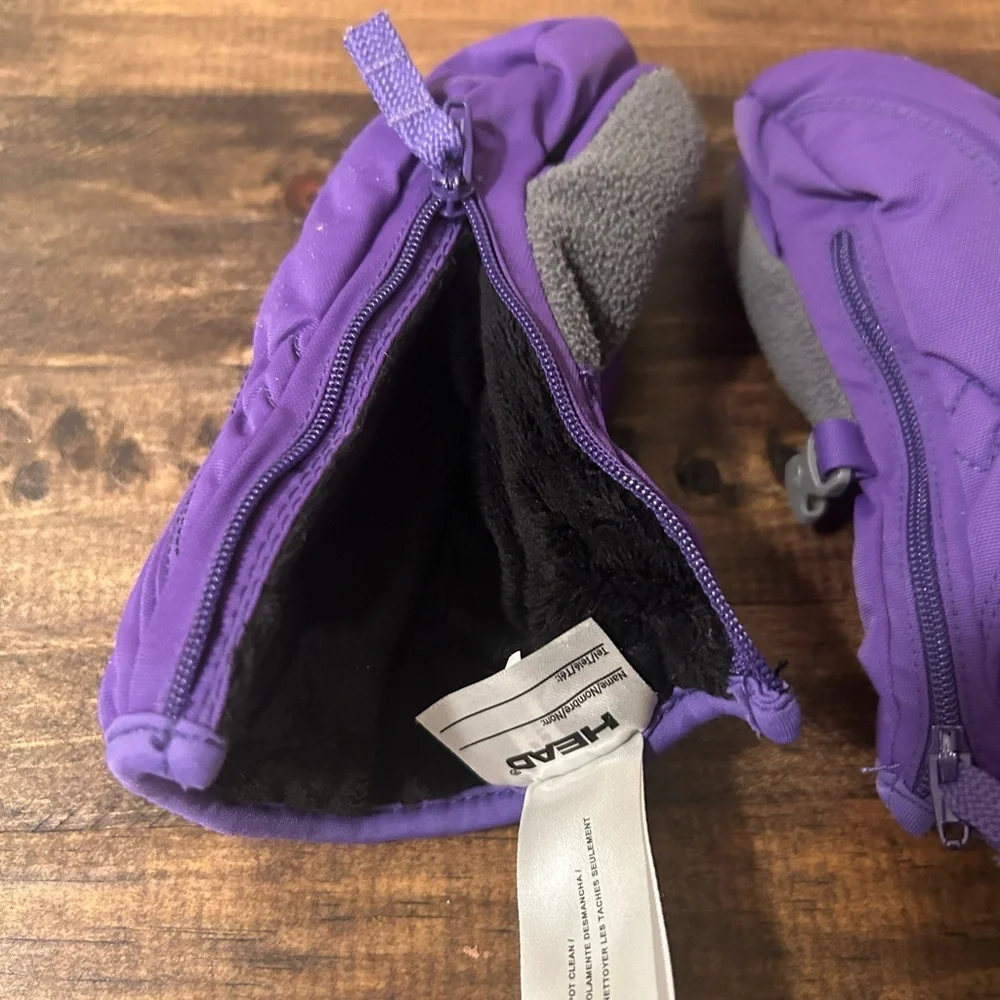 Head Kids XXS fleece lined waterproof purple mittens with side zipper closure